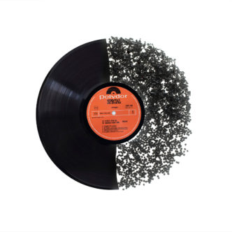 Recycled vinyl compound next to new and shredded records in Belgium