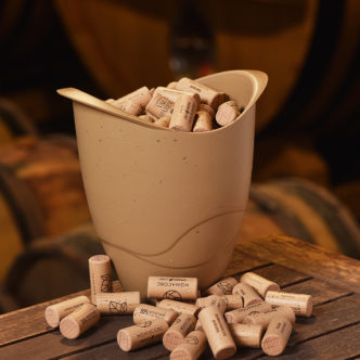 Poolside wine bucket made from recycled corks and Belgian compounds